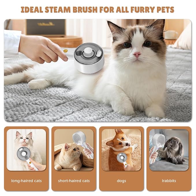 Cat Steam Brush for Indoor Cats, Spray Cat Deshedding Brush for Grooming | Self Cleaning Steam Pet Brushes with Spray, Helps Remove Loose Hair & Undercoat, Grooming Tool for Long & Short Hair Cats