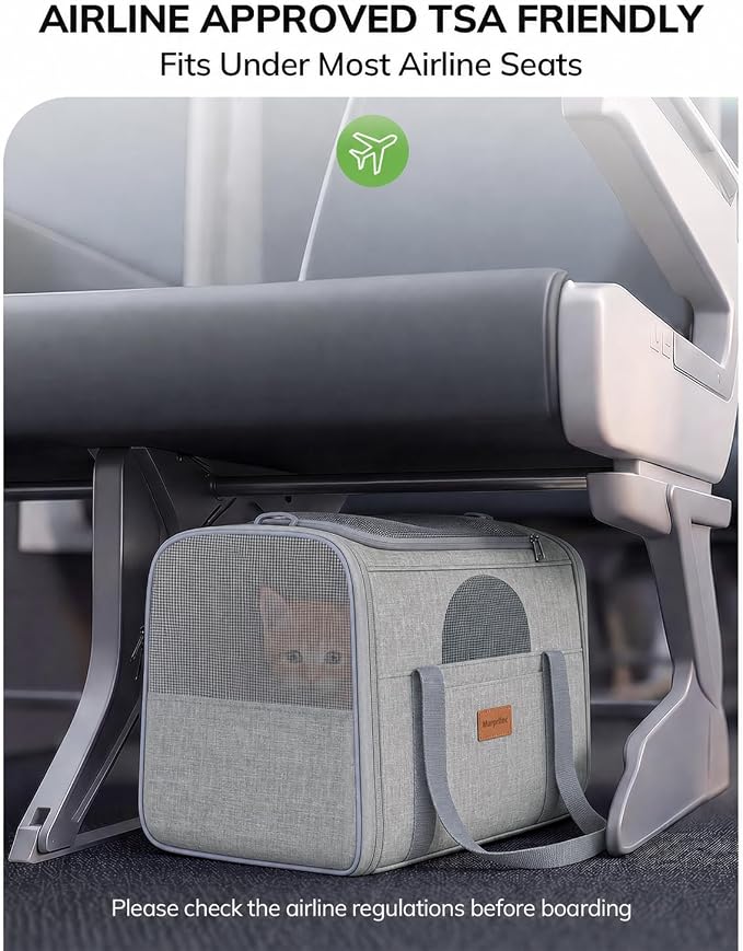 Morpilot Airline Approved Cat Carrier, 16.5" x11" x11" Soft-Sided Pet Travel Carrie with 4-Sided Mesh Ventilation for Cats & Puppies up to 15lbs (Light Gray)