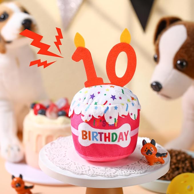 Dansydaisy Dog Birthday Cake Toy Squeaky Plush Toy for Girl Boy Gifts, Chew Accessories for Dog Birthday Party Decor Favor for Large, Medium and Small Dogs(10th,Pink)