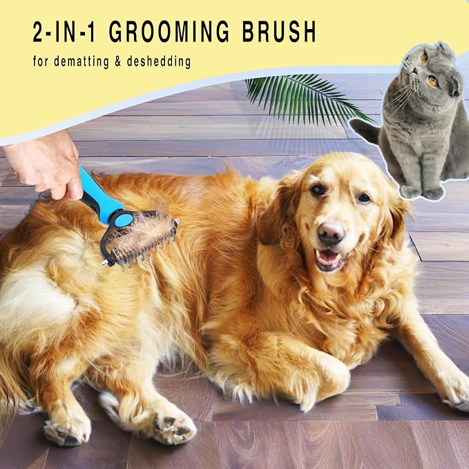 Pet Grooming Rake for Dogs & Cats - Double-Sided Deshedding and Dematting Tool, Gently Remove 95% of Loose Undercoat & Mats for Long-Haired Pets, Painless Fur Brush for Shedding Control (Blue, M)