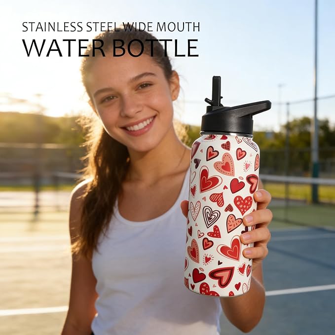 32oz Valentine Insulated Aater Water Bottle with Straw,Pink Gym Hiking Sports Coffee Mug Cup Water Bottles,Valentine Gifts for Women,Valentine Decor Stuff Accessories