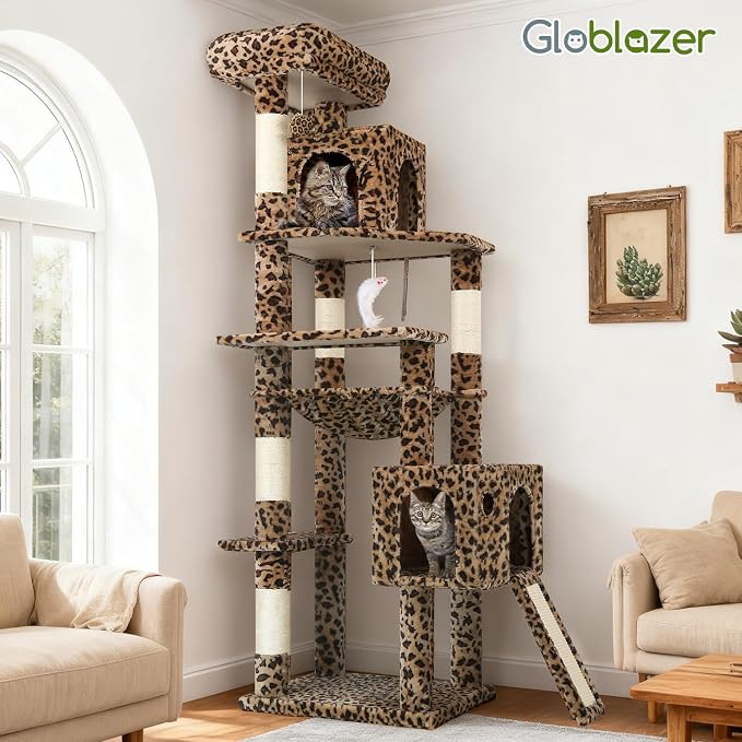 Globlazer Heavy Duty Leopard Cat Tree, 70in Sturdy Cat Tree for Indoor Cats Sturdy Large Cat Tower with Scratching Post & Board, Hammock, 2 Cat Condo for Adult Cats Kittens, F70 Pro, Leopard Print