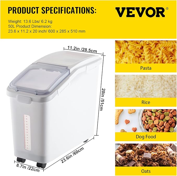 VEVOR Ingredient Storage Bin, 11.4 Gallon Capacity Shelf Ingredient Bin, 280 Cup Flour Bins on Wheels Commercial Prosave Shelf-storage Ingredient Bin with Lid and Scoop Rice Bin for Kitchen White | Ideal for Kitchen Rice, Dog Food, Flour, Sugar Storage...