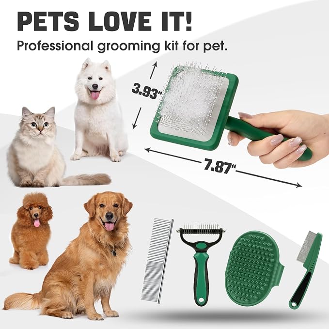 Bonteck Dog Slicker Brush for Dogs Grooming Kit 5PCS | Large Dog Brush for Goldendoodles Poodles Doodles | Long Pin Haired Brush | Poodle Brushes and Comb (Green)