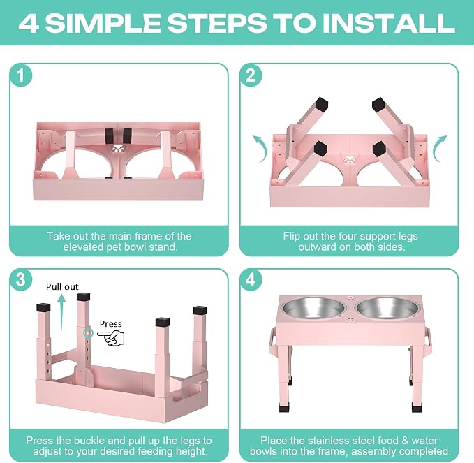 Elevated Dog Bowls Stand Large Breed, Height Adjustable Raised Dog Bowls Holder with 2 Stainless Steel Food Bowls for Small, Medium and Large Canine,Pink