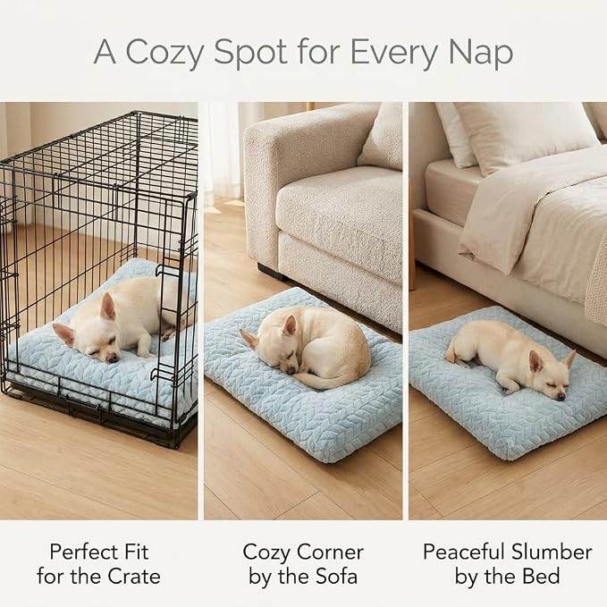 Small Dog Bed for Crate,22 Inch Washable Dog Crate Pad for Dog Cages,Soft Jacquard Flannel Puppy Kennel Bed with Anti-Slip Bottom,Fluffy Dog Mat for Small Dogs,Washed Blue