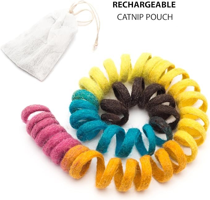 Glaciart One XL Felt Spring Cat Toy – Soft Fuzzy Enrichment 100% Natural Wool - Interactive Stretchable Play Cat Toy Set - Safe for Pets, Non-AZO Colored Dyes - 40” Long