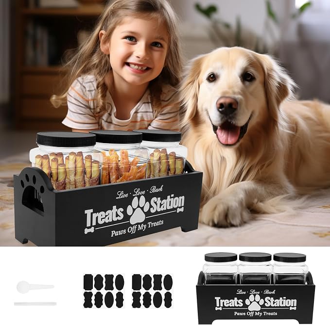 Dog Treat Container for Countertop Dog Food Storage with 3 Plastic Treat Jars Wood Dog Food Container with Handles and Lids Farmhouse Practical Pet Cat Dog Treat Storage Containers (black)