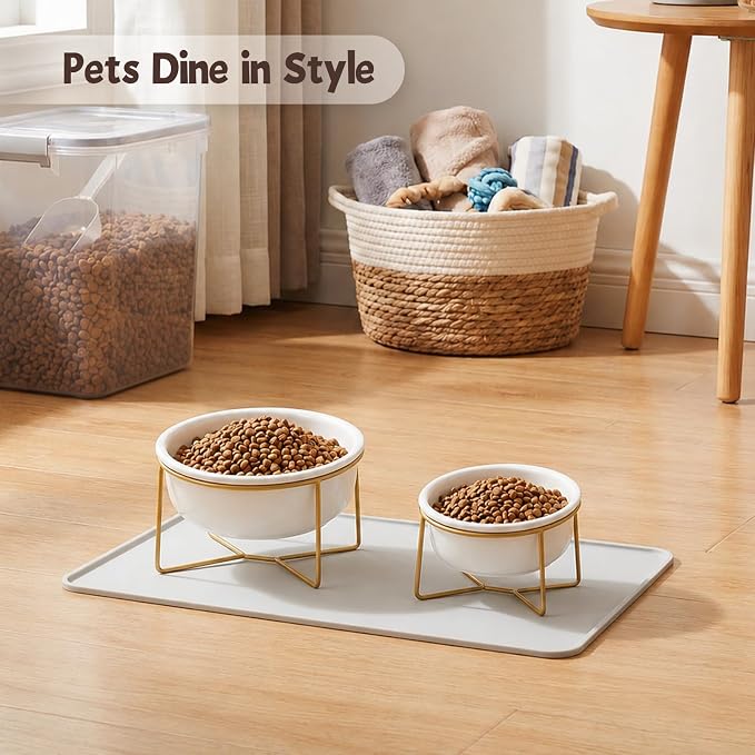 White Small Ceramic Tilted Elevated Cat Dog Bowl Raised Cat Food Water Bowl Dish Pet Comfort Feeding Bowls with Gold Iron Stand