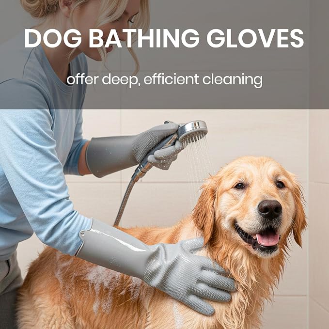DELOMO Silicone Pet Grooming Gloves Dog Washing Gloves with Comb, Grey | 3000 Soft Silicone Bristles with Comb, 5-Finger Flexible, Massages & Removes Fur, Non-Slip, Easy Clean, for Dogs/Cats/Horses
