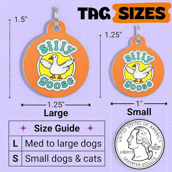 Bad Tags Personalized Dog and Cat ID Tags in 25+ Designs and 2 Sizes - 5 Lines of Custom Engraved Text - Funny Cute Personalized Pet Tags (Silly Goose, Small (1 inch))