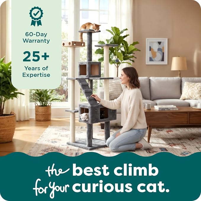 FurHaven 69.3" Tall Cat Scratching Post Tower for Indoor Cats, Sisal Cat Tree with 2 Condos, Tiger Tough Double Decker Playground, Toys & Perches for Cats, Sisal, Cream