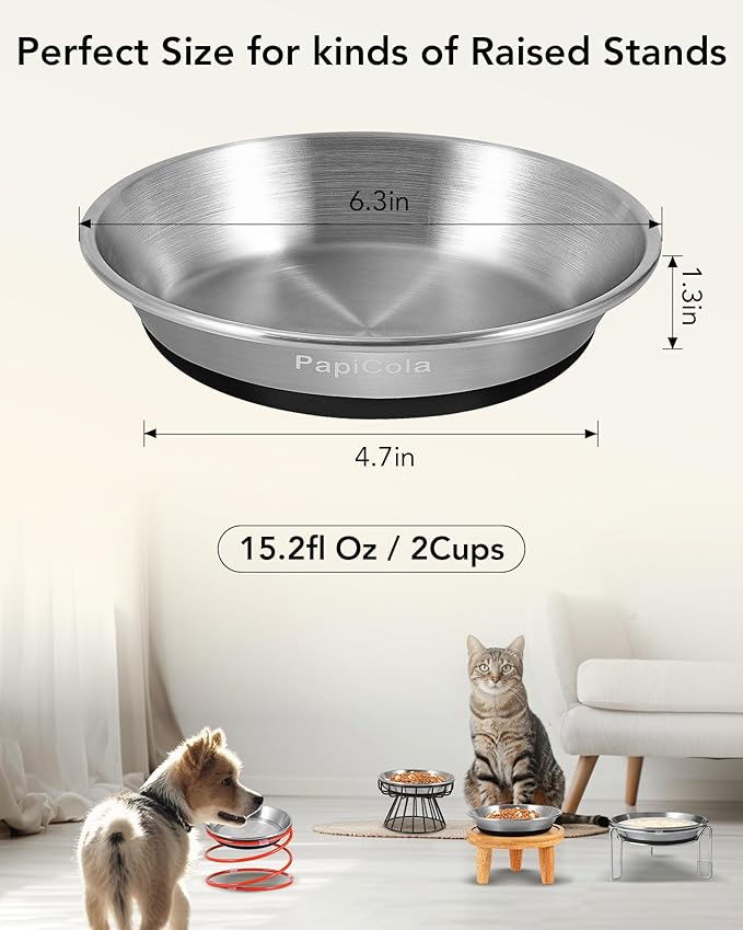 Stainless Steel Cat Bowls 3PCS, Non-Slip cat Food Dishes, Metal Pet Food and Water Bowls, Whisker Friendly with Wide and Shallow Design, 6.3'' Wide, 0.7mm Thick Steel, Ideal Pet Dish (3 PC-6.3in)