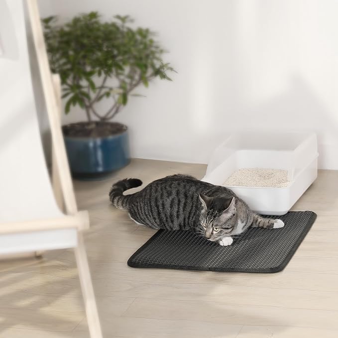 Cat Litter Trapping Mat, 24"x18" Universal Fit Litter Box Floor Mat, Hexagon Grids & Anti-Leak Base, Machine Washable, Non-Slip Kitty Mat for Most Homes, Black