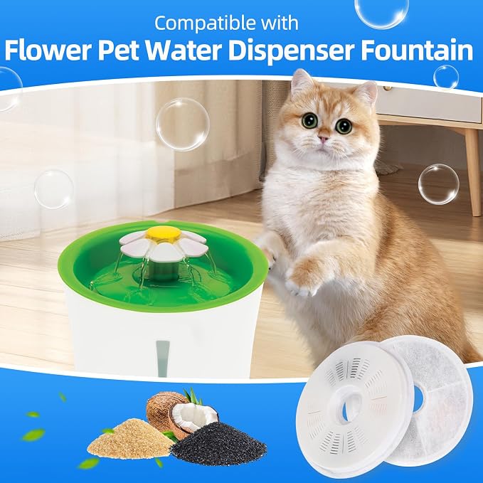 6-Pack Cat Water Fountain Replacement Filters for Catit 3L Flower Fountain, Triple Filtration with Activated Carbon & Ion Exchange Resin, Soft Water & Urinary Health Support