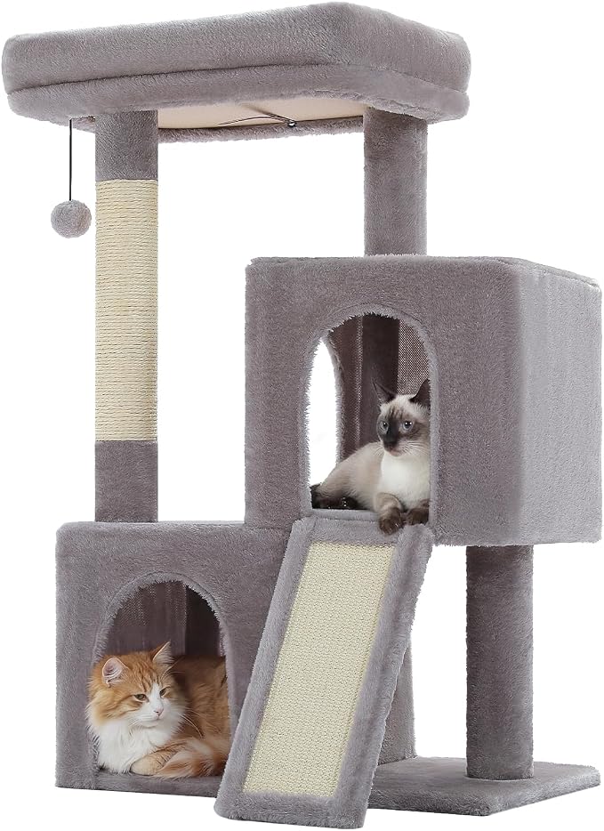PAWZ Road Cat Tree, 35 Inches Cat Tower with Dual Condos for Adult Cats,Enlarged Top Perch, Scratching Posts&Pad for Indoor Cats-Gray