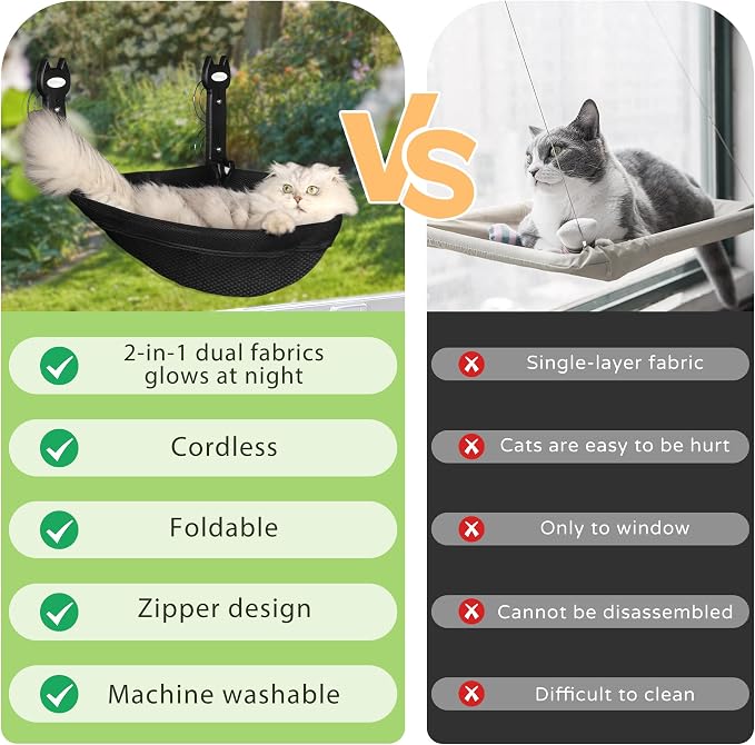 HiPetpy Cat Window Perch, Foldable Cat Hammock with Sunken Design, Breathable Cordless Window Bed with Stud Metal Frame for Large Cats and Kitten (Black Deep Perch, 1 Pack - M)