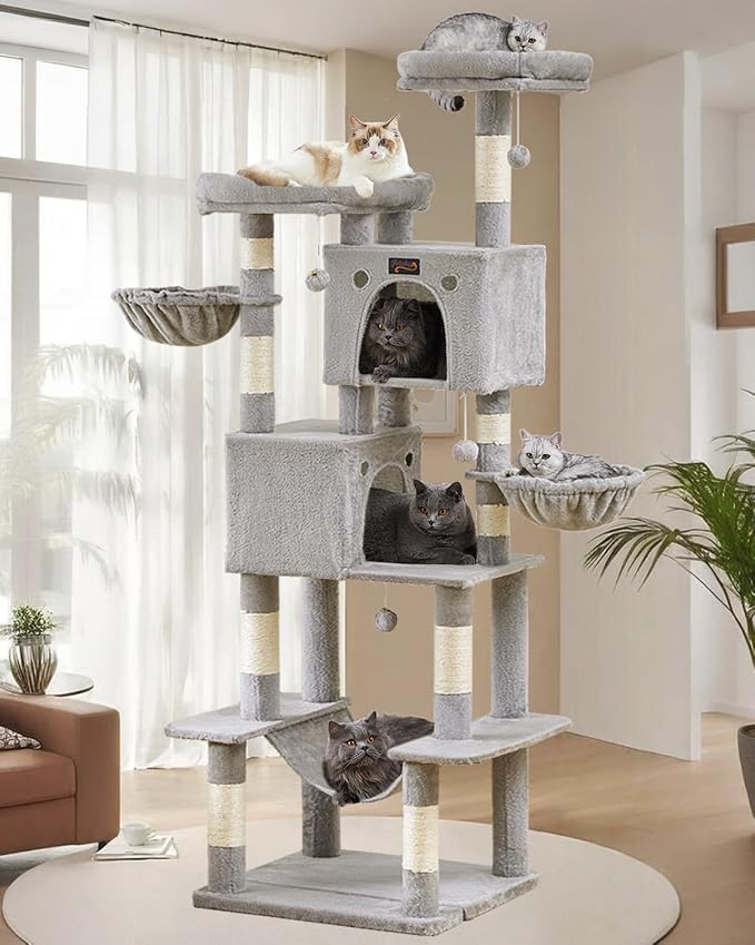 74in Cat Tree Tower for Indoor Cats, Multi-Level Design | 2 Roomy Condos, 2 Cozy Baskets, 2 Padded Perches, 9 Sisal Scratching Posts, Hammock, Hanging Toys, Wide Base, Easy Assembly