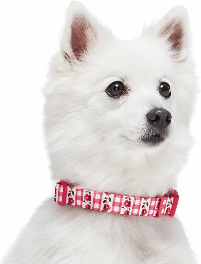 Blueberry Pet Spring Scent Inspired Dainty Flower Dog Collar, Pink Check, Adjustable Dog Collar for Large Dogs, Size Large, Neck 18-26"