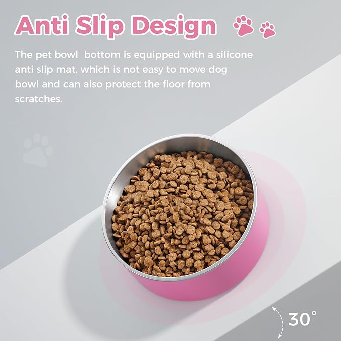 Dog Bowl, Stainless Steel Dog Food and Water Bowl with Non Slip Quiet Bottom, Easy to Clean, Dishwasher Safe, 40oz, Pink