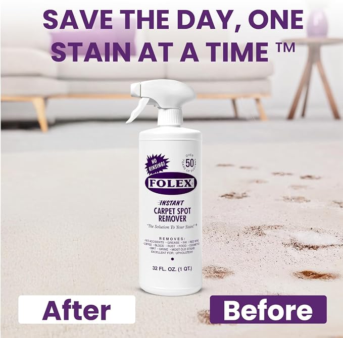 FOLEX Instant Carpet Spot Remover 32 oz – Powerful Stain Remover for Carpets, Upholstery & Rugs – Eliminates Pet Stains, Grease, Red Wine, Food, Makeup & More – With Reusable Cleaning Cloth - 4 Pack