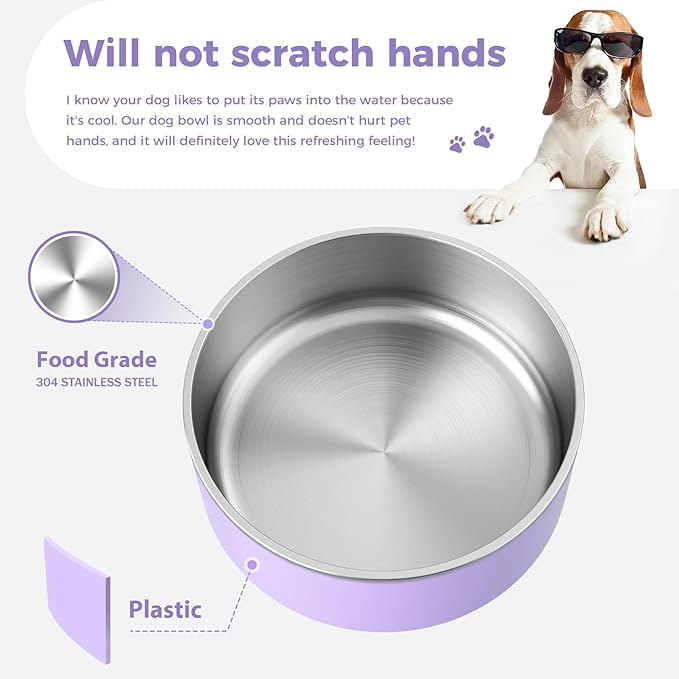 WENBOKMIN Dog Bowl, Stainless Steel Dog Food and Water Bowl with Non Slip Quiet Bottom, Easy to Clean, Dishwasher Safe, 64oz, Light Purple