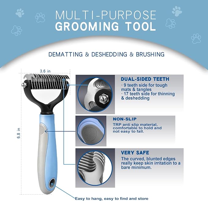 GOESWELL Pet Deshedding Brush - Undercoat Rake for Dogs & Cats - Double Sided Brush for Shedding and Dematting Comb for Dogs Grooming Tool kit - (Blue(Rake +Comb))