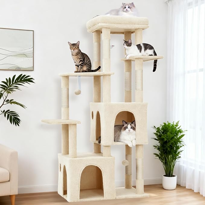 61" Large Cat Tree Tower for Indoor Cats, Heavy-Duty Multi-Level Cat Condo for Maine Coon & Big Cats with Extra-Large Perch, 2 Spacious Houses, Sisal Scratching Posts & Hanging Toys - Beige