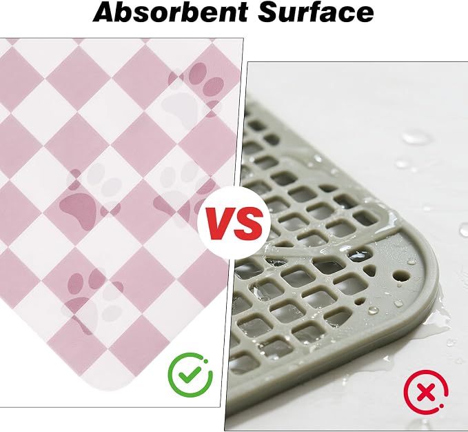 CooRug Checkered Dog Food Mat, Pet Feeding Mat 24" L x 16" W, Pink | Absorbent, Leak-Proof, Anti-slip, Quick Dry, Eco-friendly Materials, Easy to clean and store, For Messy Drinkers