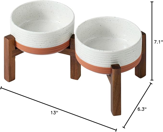 Havniva 6.1" Elevated Dog Bowls Ceramic Raised Dog Bowl with Non-Slip Stand (Acacia Wood) Two Height Options, Dog Food & Water Bowl for Small & Medium Breed Dogs - 3.4 Cups 27 oz