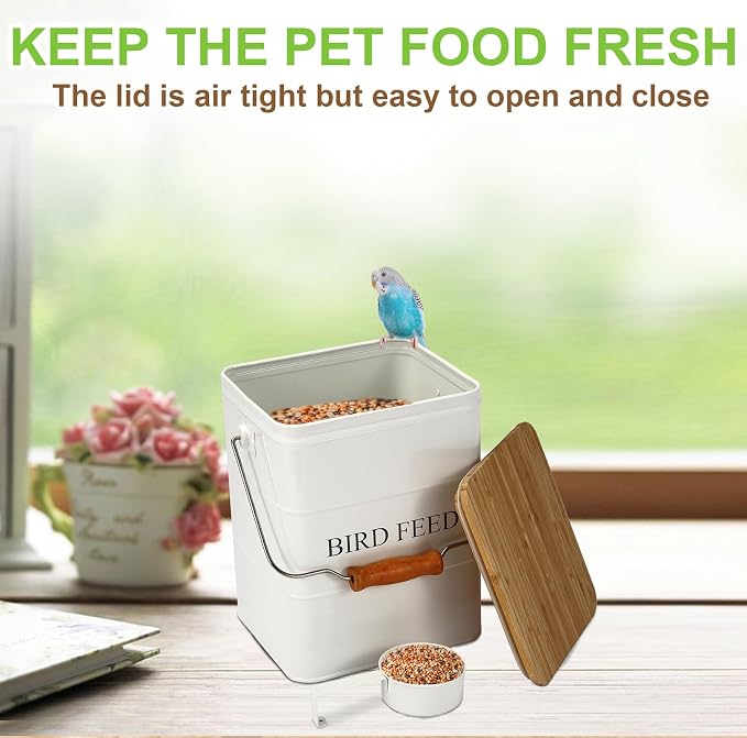 Bird Seeds storage container,Bird Seed Container,Metal food tin for Birds, pet snacks Canisters with wooden lid/handle/sevice scoop,hold 5-6 lbs