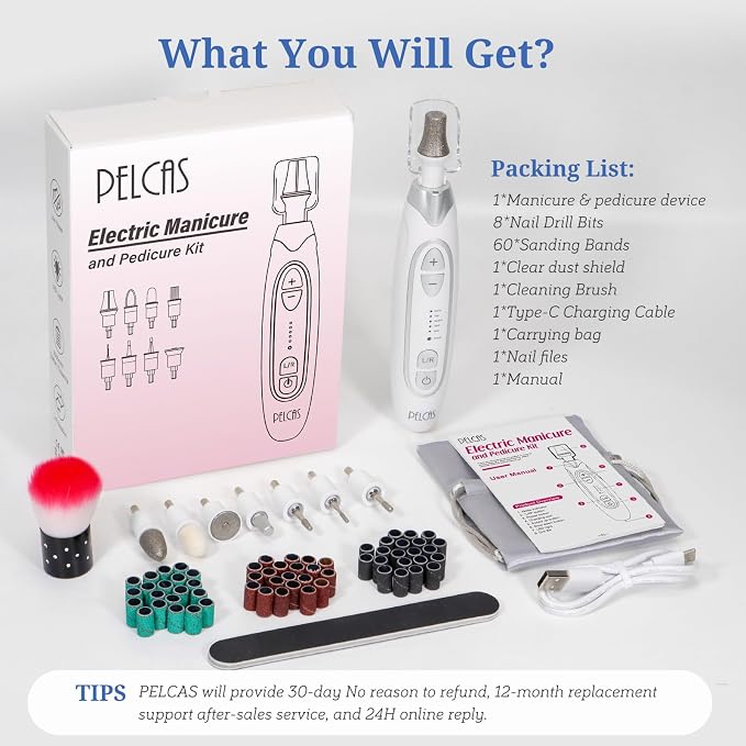 PELCAS Electric Nail File, Manicure and Pedicure Kit 5 Speeds & LED Light | Cordless Nail Drill, Toenail Grinder for Thick Toenails, Dremel Tool Kit for Human, Pet, Toenails, Natural & Acrylic Nails