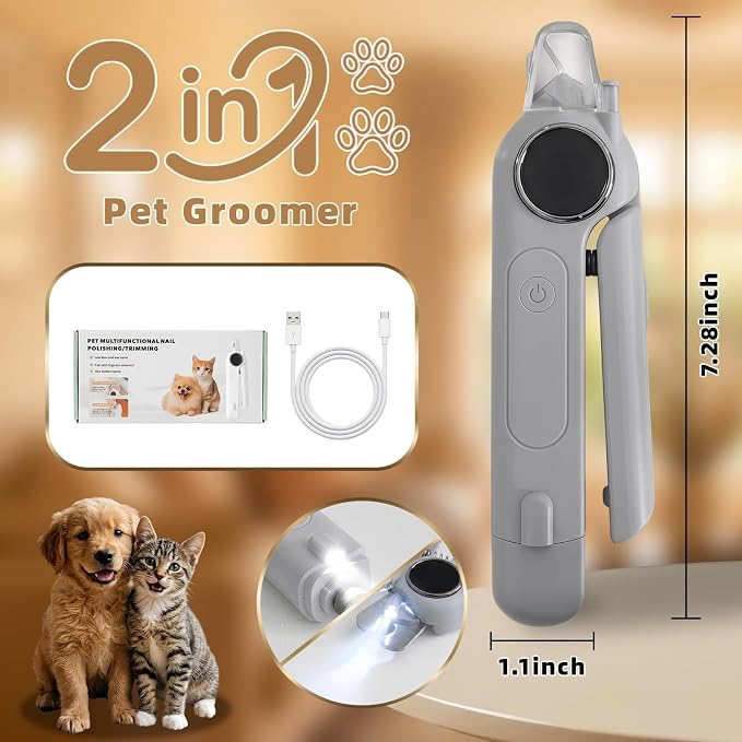 2-in-1 Quiet Electric Pet Nail Clipper & Grinder with Light for Dogs Cats | 3-Speed Grinding, Nail Catcher, Safety Guard, Low-Noise Motor, USB Rechargeable Design for Stress-Free Home Grooming