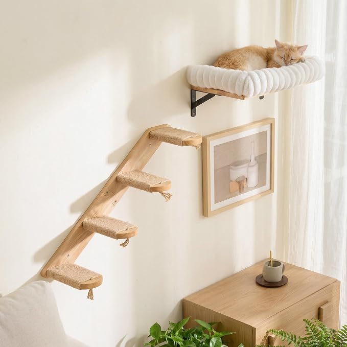 FUKUMARU Cat Wall Shelves, Cat Walls Furniture with Soft Bed, Solid Rubber Wood Floating Shelf, Kitten Window Perch for Sleeping, Playing and Scratching