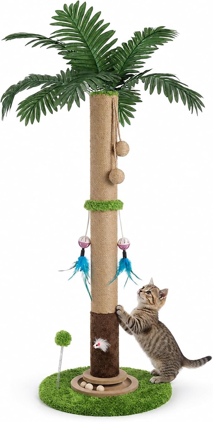 Cat Scratching Post, 35 Inch Tall Sisal Rope Cat Scratcher Tree, Scratching Posts for Indoor Cats Adults with Interactive Cat Toy, Mouse Hole & Ball Track for Kittens Adults Cats