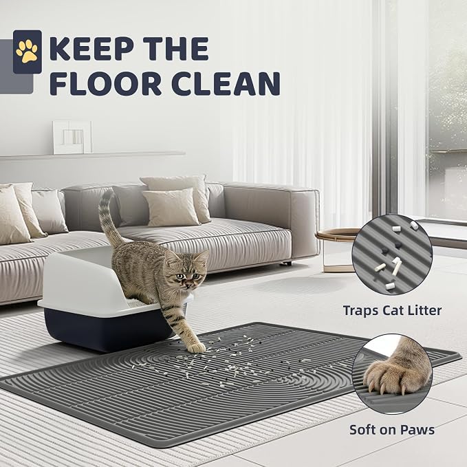 Cat Litter Mat 40"x28" - Soft Silicone & Leak-Proof Large Litter Mat, Non-Slip Cat Litter Trapping Mat for Multiple Cats, Easy to Clean & Durable for All Types (Gray)