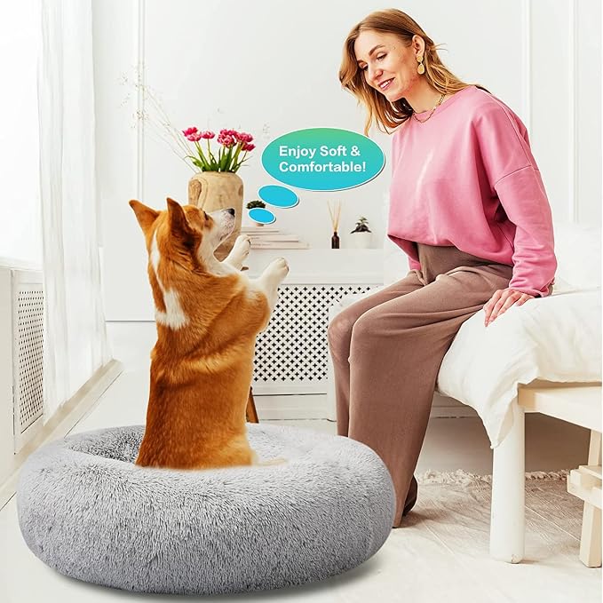 SAVFOX 20 inches Calming Donut Dog Bed - 3X Durable Plush Faux Fur, Machine Washable & Non-Slip, Fits up to 15 lbs, Light Grey