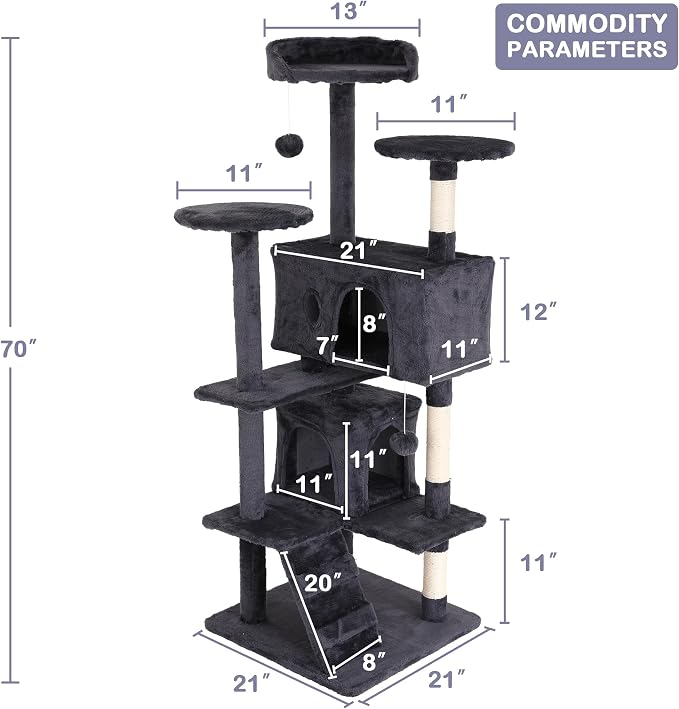 Go Pet Club 70'' Tall Multi-Level Cat Tree with Scratching Post, Stand Platform, Cat Condo, Tower and Funny Toy for Medium Indoor Cats