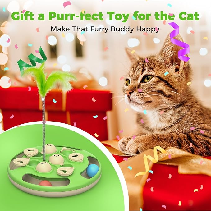 3 in 1 Cat Treat Puzzle Feeder, Level 3 Interactive Cat Puzzle Toy with Track Balls, Feather Teaser & Slow Feeder Insert, Non-Slip Base, Mental Stimulation for Bored Indoor Cats, Green