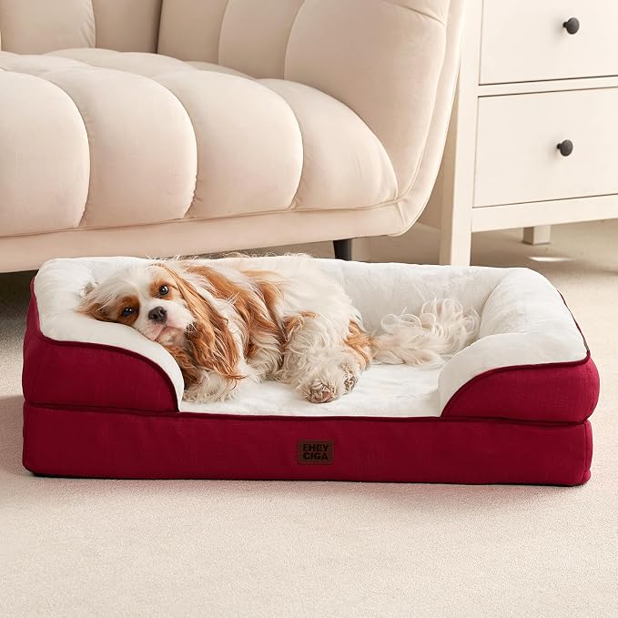 EHEYCIGA Orthopedic Dog Beds for Large Dogs, Waterproof Memory Foam Large Dog Bed with Sides, Non-Slip Bottom and Egg-Crate Foam Pet Couch Bed with Washable Removable Cover,Red