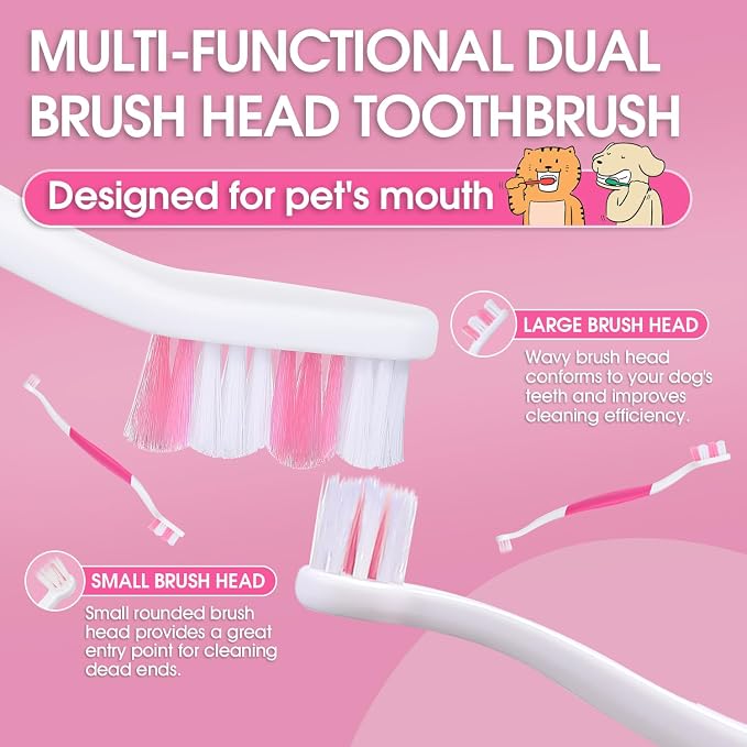 Dog Toothbrush, Dual-Head, for Medium-Large Dogs,Pink | Soft Bristles for Gentle Cleaning, 60° Curved Bristles for Better Coverage, Comfortable for Sensitive Gums