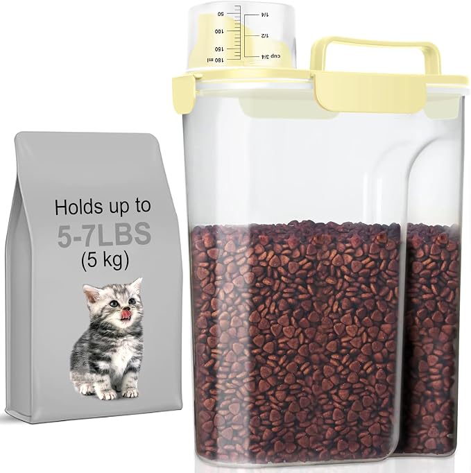 LEAWALK 5-7Lbs Cat Dog Storage Container, Portable Pet Food Containers with Upgraded Large Spout and Cup, Small Animal Kibble Dispenser for Bird Seed, Oatmeal, Rice, Flour, Brown Sugart-Light Yellow