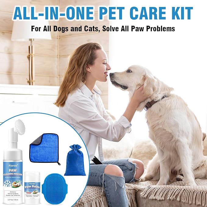 Pjordo Dog Paw Cleaner Kit, No-Rinse Foaming Cleanser for Dogs and Cats, Dog Paw Balm for Heal Dry Cracked Paws & Nose, Pet Foot Washer Paw Scrubber for Large Medium Small XL Breed Dogs