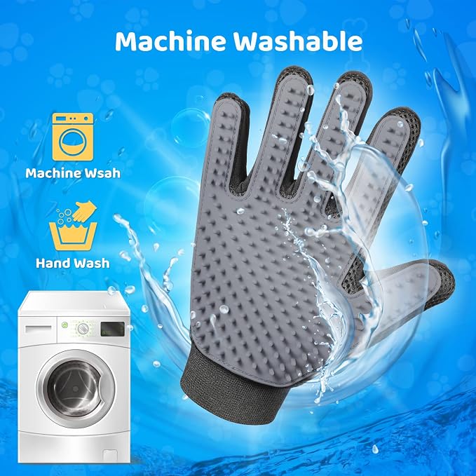 Pet Hair Removal Glove with 255 Silicone Tips for Dogs & Cats, 1 Pair Gray | 2-in-1 Deshedding & Massage Mitt, 5-Finger Flexible Design, for Bathing & Grooming, Safe for Long/Short/Curly Hair Pets