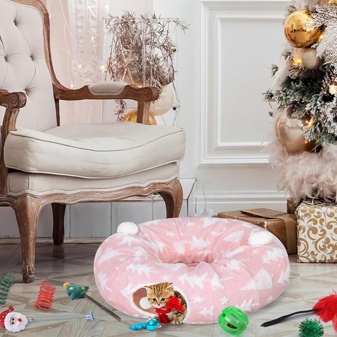 Dansydaisy Cat Tunnel Christmas Tree Skirt, Pink Christmas Tree Cat Tunnel Bed with Star and Toys, Hanging Pom Ball Plush Washable Cushion Peekaboo Playground for Small Medium Rabbit Xmas Decor