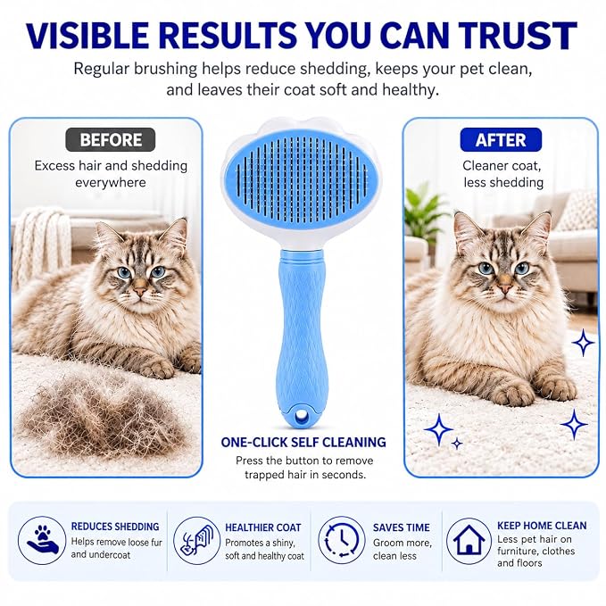 Cat Brush for Shedding & Dog Grooming, Self Cleaning Slicker Brush, Deshedding Tool with Easy Release Button, Rounded Stainless Steel Pins for Long & Short Hair Pets (Blue)