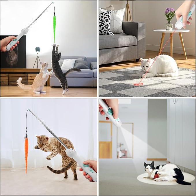 TBTeek Cat Toy, 2in1 Light and 22" Retractable Pole with Feather, Rechargeable, 5 Modes, Interactive Wand Toy for Indoor Cat Kitten Dog 3 Refills | with Light and 22" Retractable Pole with Feather,Rechargeable,5 Modes, 2in1 Interactive Wand Toy 3 Refills