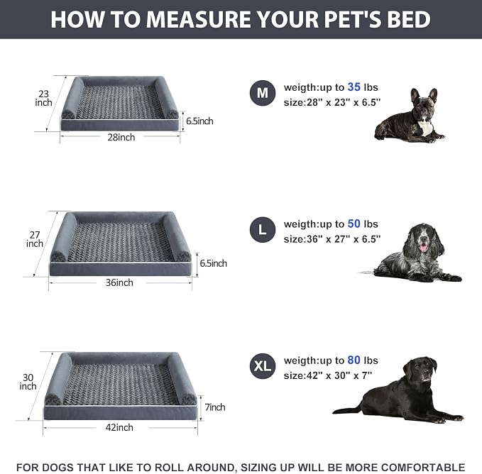 BFPETHOME Orthopedic Washable Large Dog Bed for Senior Dog Comfy Sleep | Waterproof Big Soft Pet Couch Bed for Dogs Relax with Removable Cover Supportive Egg Crate Foam Dark Grey 28x23 Inch