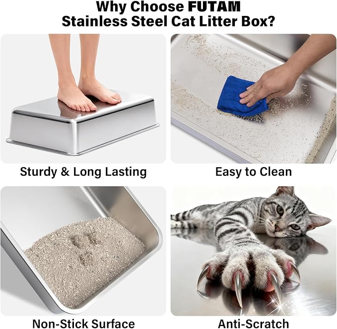 XL Stainless Steel Cat Litterbox,Stainless Steel Litter Box, Easy Clean Non Stick No Smell