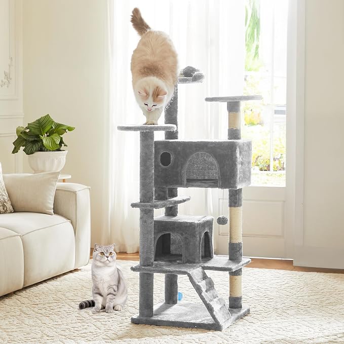 54 Inch Cat Tree Tower with Sisal Scratching Posts | Multi-Level Cat Tower with Climbing Ladder, Play Toy Balls House for Indoor Cats, Light Grey